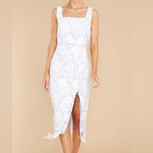 Just Me Light Blue and White Lace Overlay Fitted Midi Dress Size XS